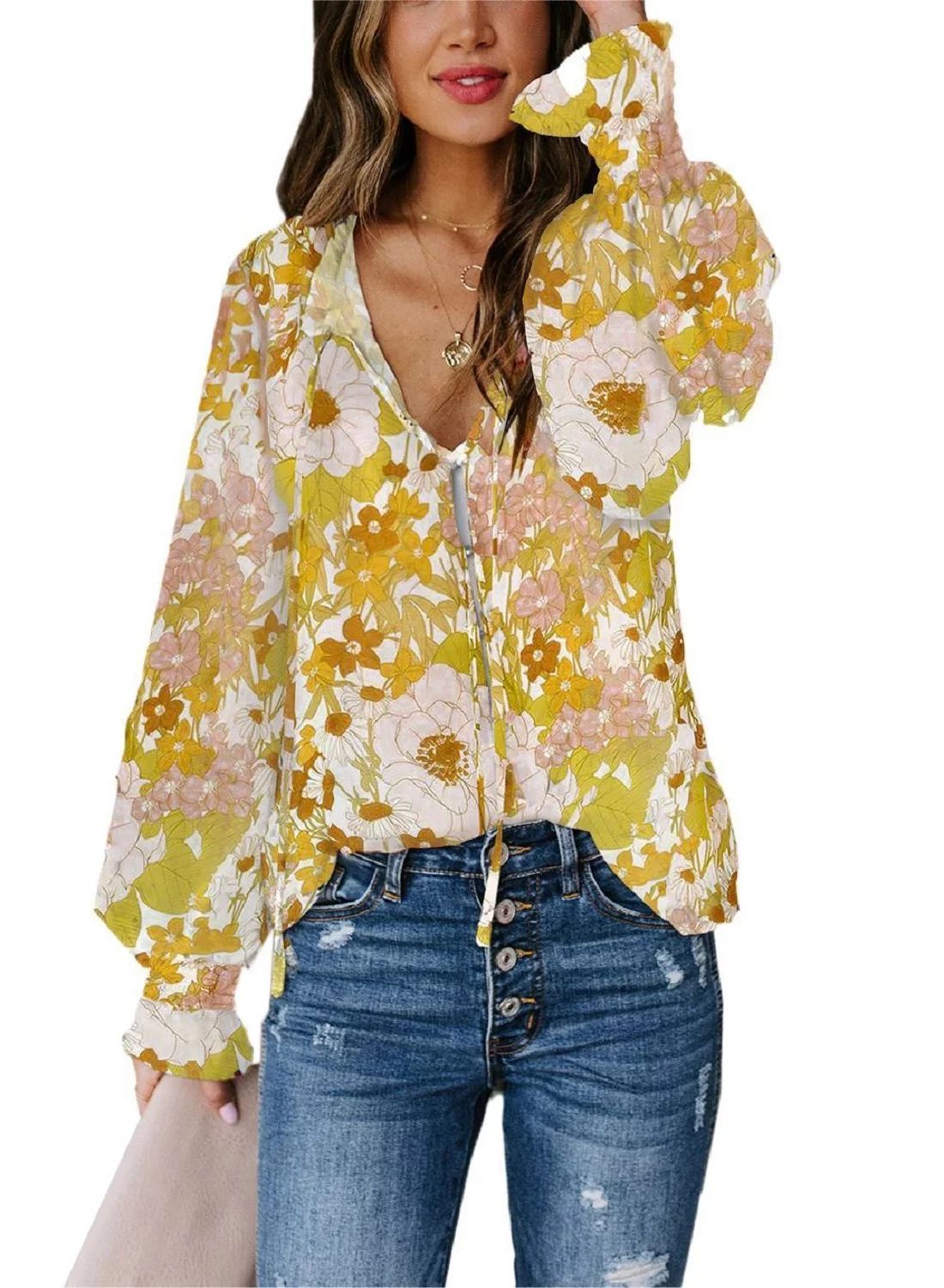 Dearlove Boho Shirts for Women Floral Print V Neck Blouses Casual Puff Sleeve Drawstring Button D... | Walmart (US)