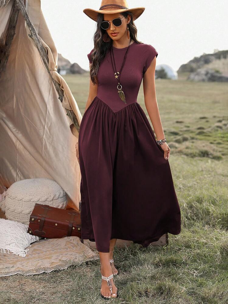 SHEIN LUNE Women's Solid Color Round Neck Pleated Long Dress, Casual & Holiday Style Maxi Women O... | SHEIN