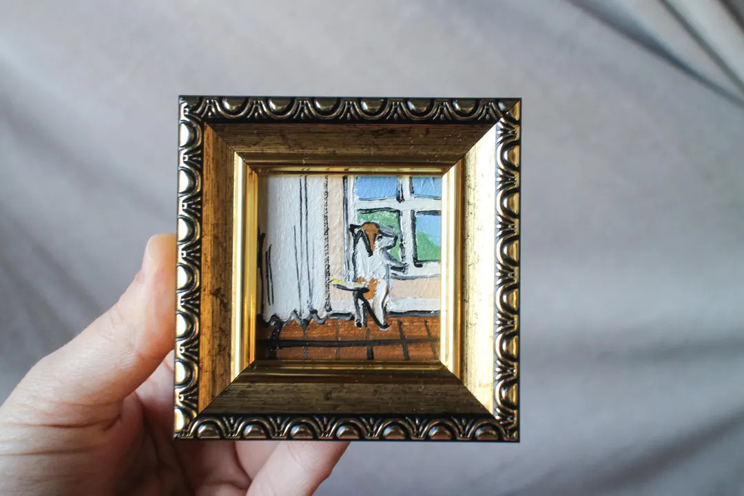 A White Dog is Waiting for the Owner at the Window Oil Painting 2x2 Original Framed Dog Oil Paint... | Etsy (US)