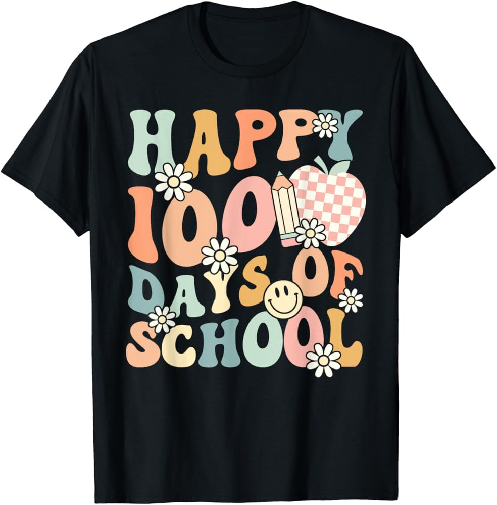 Happy 100th Day Of School Teacher Kids Retro Groovy 100 Days T-Shirt | Amazon (US)