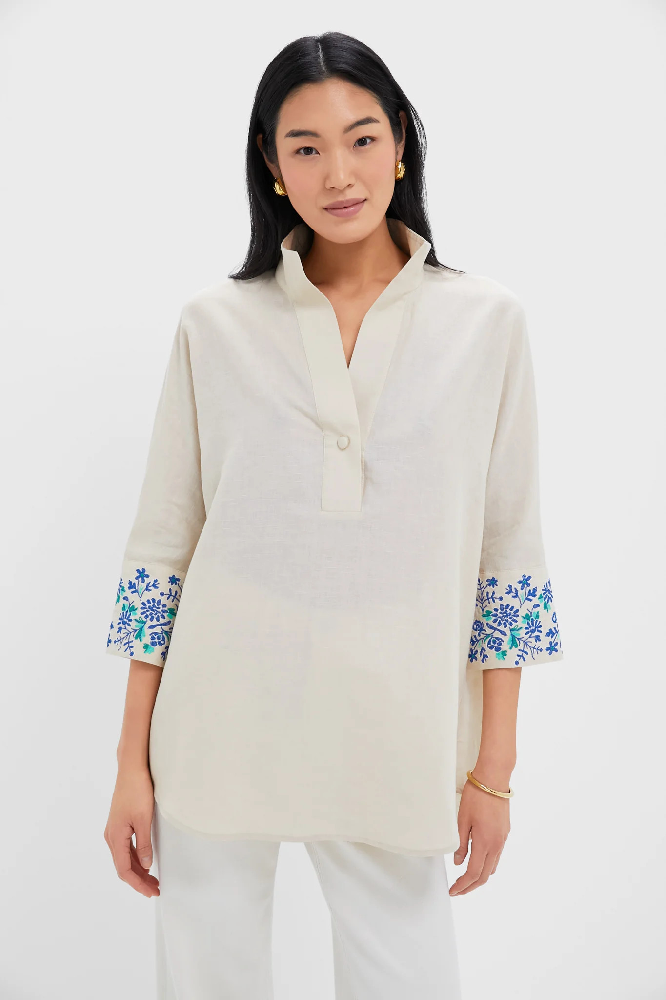 Tan Floral Cuff Cotton Linen Willow Blouse | Tuckernuck (US)