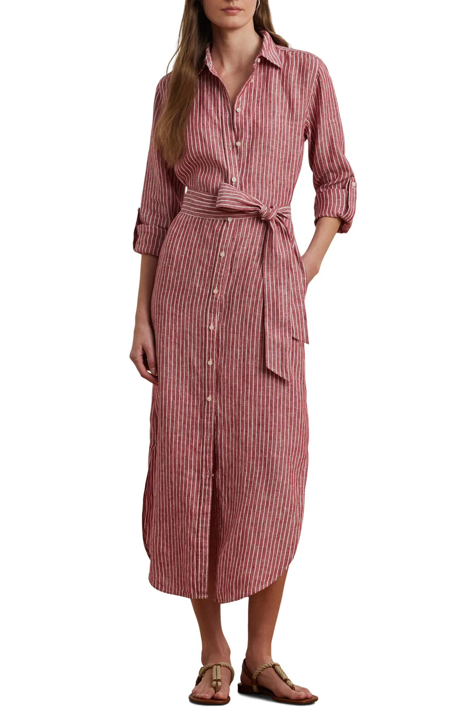 Lauren Ralph Lauren Stripe Long Sleeve Linen Shirtdress | Nordstrom | Nordstrom