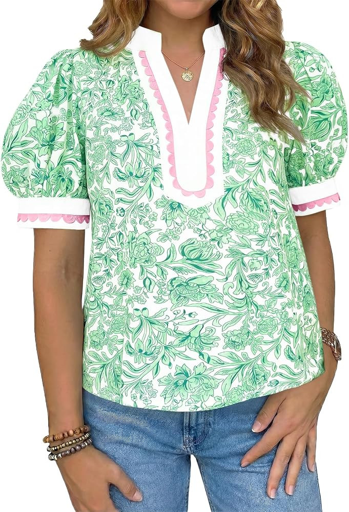 Tankaneo Womens Puff Sleeve Floral Blouse Tops Summer Dressy Casual V Neck Shirts Color Block Loo... | Amazon (US)