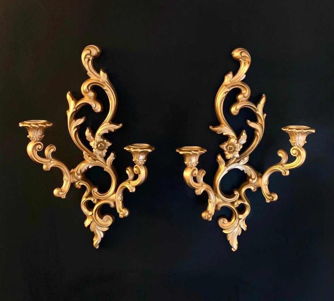 Vintage Double Candle Wall Sconces - Pair of Elegant Syroco Wood Gold Candle Holders for Home Dec... | Etsy (US)