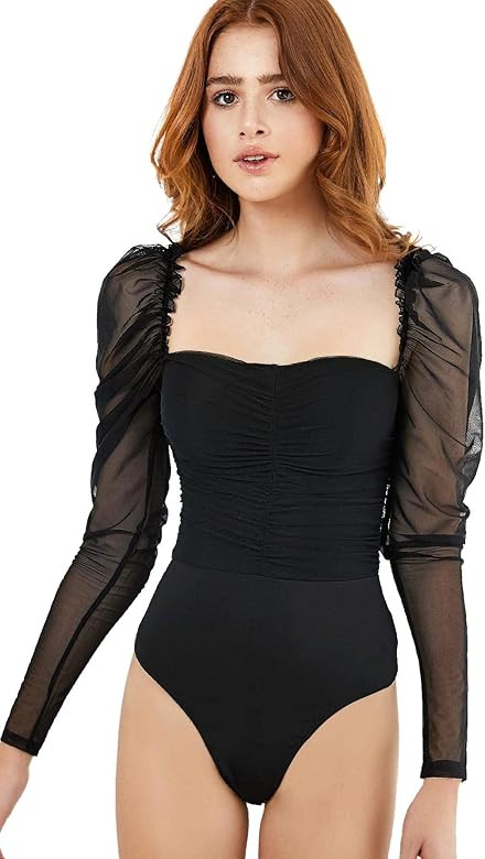 Floerns Women's Puff Sleeve Square Neck Mesh Surplice Ruched Bodysuit Tops Jumpsuits | Amazon (US)