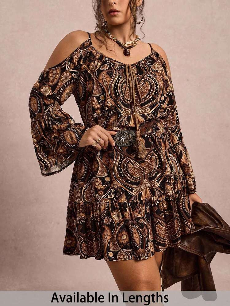SHEIN Tall CURVE Plus Size Women Floral Print Off Shoulder Flare Sleeve Tie Front Ruffle Hem Vacation Dress Plus Size Hippie Clothes Plus Size Boho Dress Paisley Dress Plus Size Vacation Dress | SHEIN