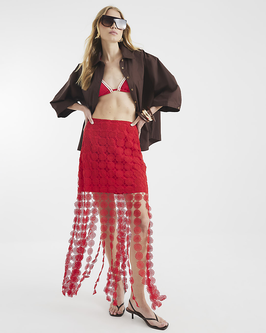 Red Crochet Tassel Midi Skirt | River Island UK & IE
