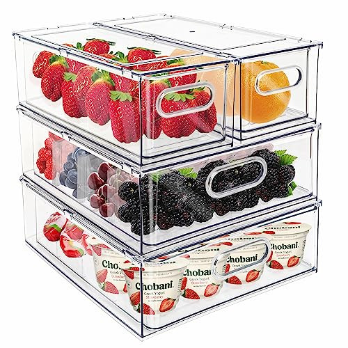 Mano Fridge Drawer Pull Out Stackable Bins with Handle Clear Refrigerator Drawers Organizer Food Storage Container Box with Dividers Plastic Produce Saver for Pantry, Cabinet, Kitchen, Clothes（4Pack） | Amazon (US)