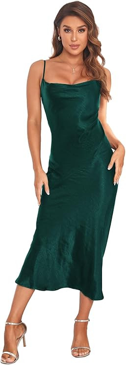 Women's Spaghetti Strap Midi Satin Silk Dresses Slip Cowl Neck Party Cocktail Evening Sexy Dress | Amazon (US)