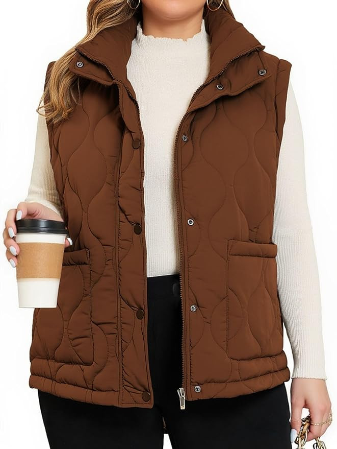 Theenkoln Plus Size puffer Vest:Sleeveless Zip Up Stand Collar Outerwear Quilted Puffy Winter Ves... | Amazon (US)