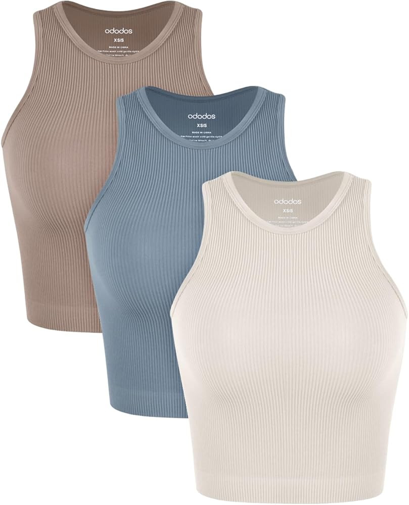 ODODOS 3-Pack Seamless Crop Tank for Women Ribbed Soft High Neck Cropped Tops | Amazon (US)