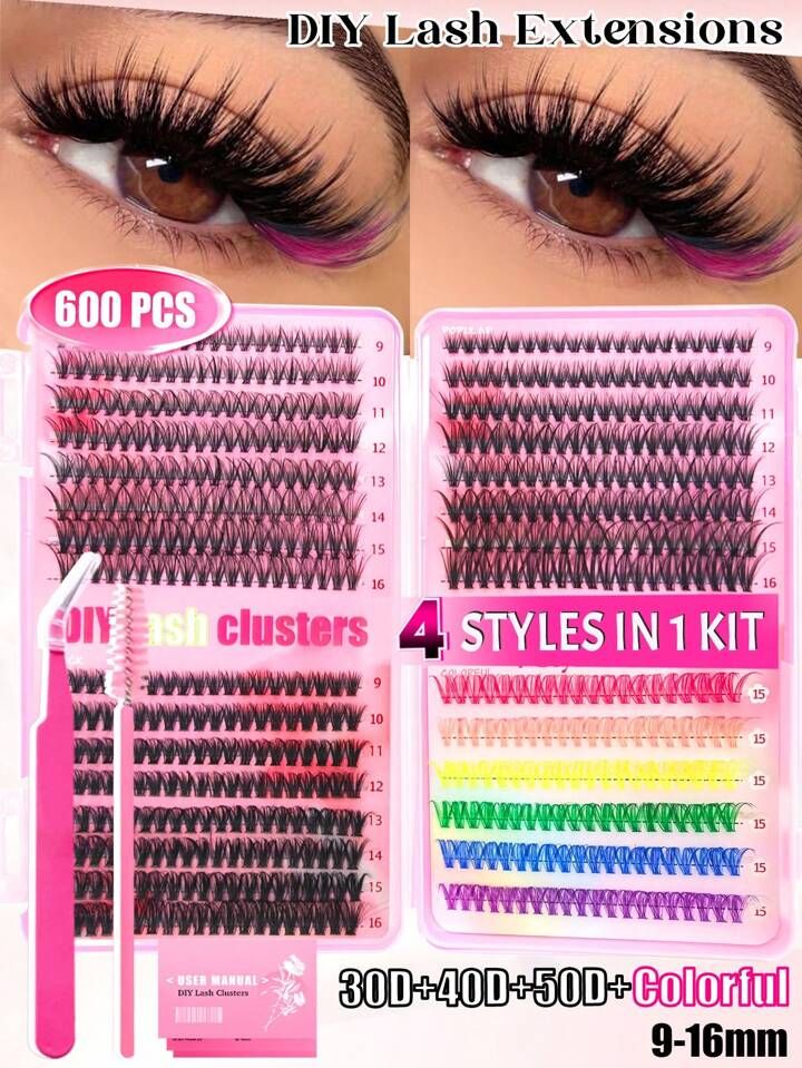 600PCS Individual Lash Clusters Large Capicity 30D+40D+50D+6 Colored D Curl 9-16mm Mixed DIY Lash... | SHEIN