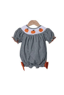 Smocked Pumpkin Green Gingham Seersucker Bow Bubble | The Smocked Flamingo