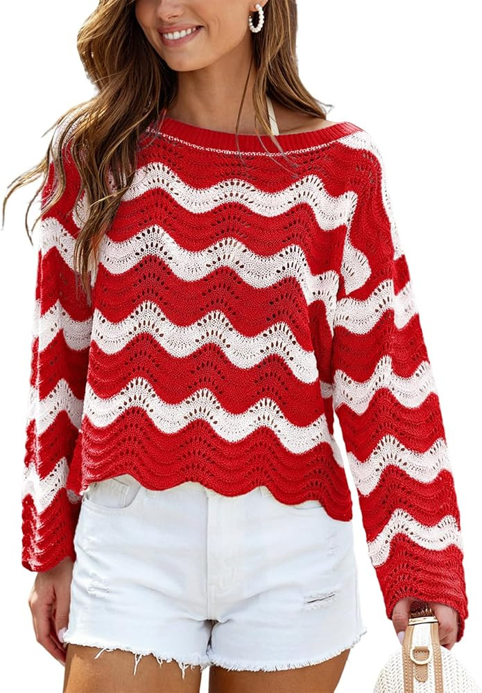 CUPSHE Women's Crochet Cover Up Long Sleeve Striped Beach Cover Up Top Summer Casual Knit Tops fo... | Amazon (US)