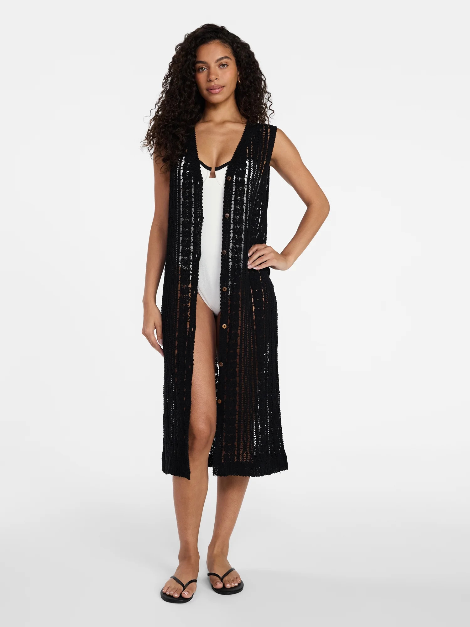 Time and Tru Women's Crochet Button Down Coverup, Size S/M, Black Soot | Walmart (US)