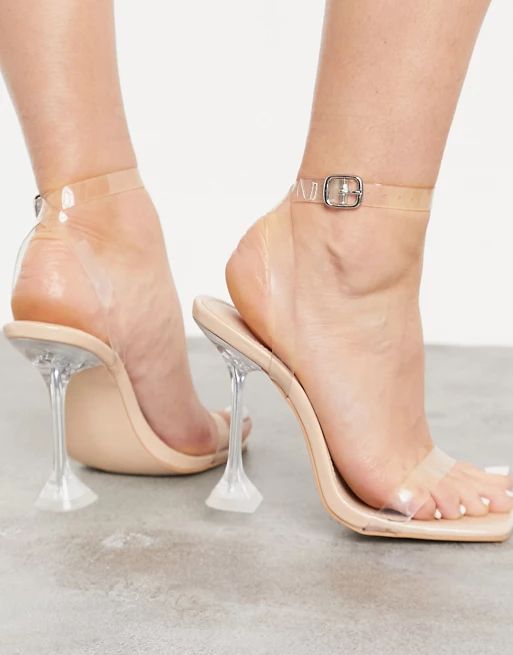 Public Desire Wide Fit Yasmyn square toe clear heeled sandals in beige | ASOS (Global)