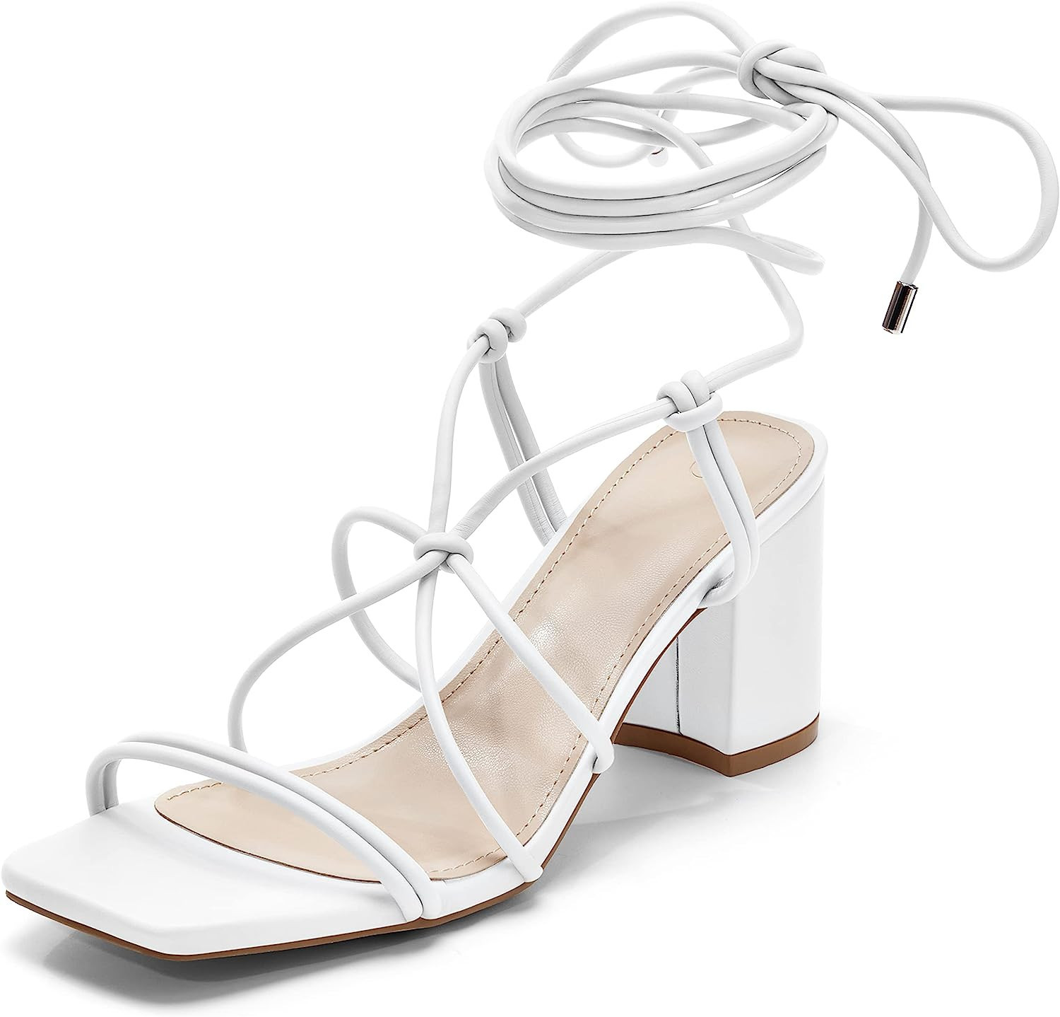 Coutgo Women's Chunky Heel Sandals Lace Up Heels Square Toe Strappy Straps Party Shoes | Amazon (US)