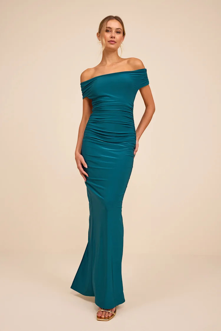 Brilliant Elegance Teal Off-the-Shoulder Backless Maxi Dress | Lulus