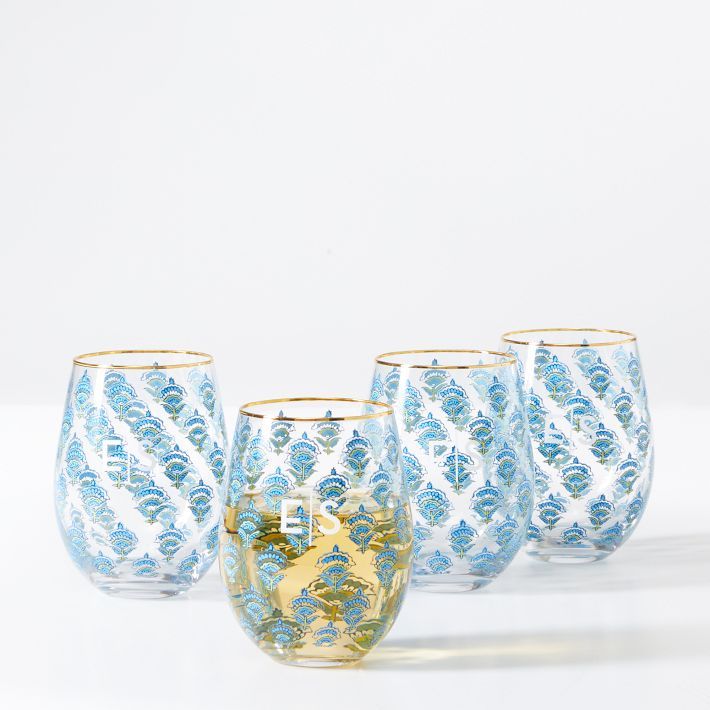 Block Print Stemless Wine Glasses, Set of 4 | Mark and Graham