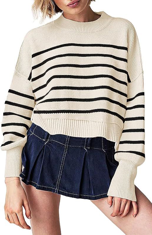 Womens 2023 Trendy Cropped Sweaters Knit Ribbed Easy Street Stripe Crop Pullover Sweater Tops | Amazon (US)