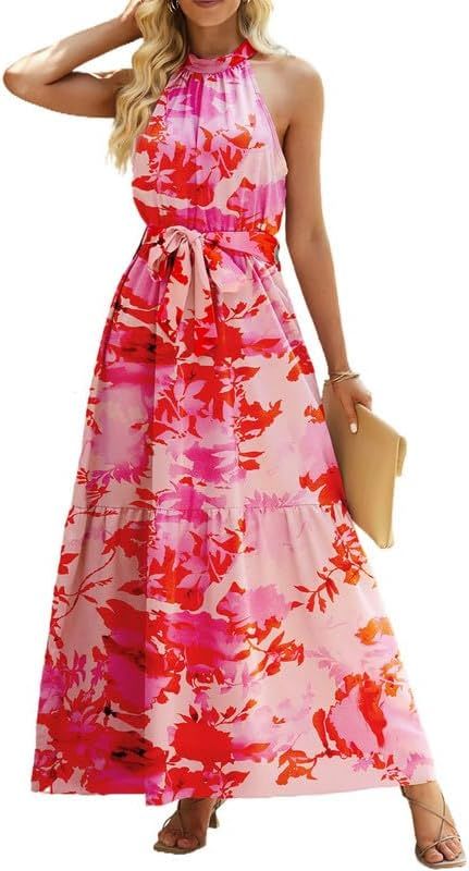 Dokotoo Womens Summer Floral Bohemian Wedding Guest Bridesmaid Halter Neck Maxi Dress with Belted | Amazon (US)