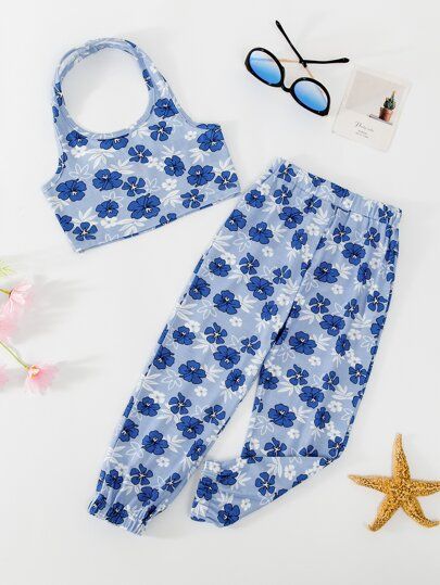 Toddler Girls Floral Print Halter Top & Sweatpants | SHEIN