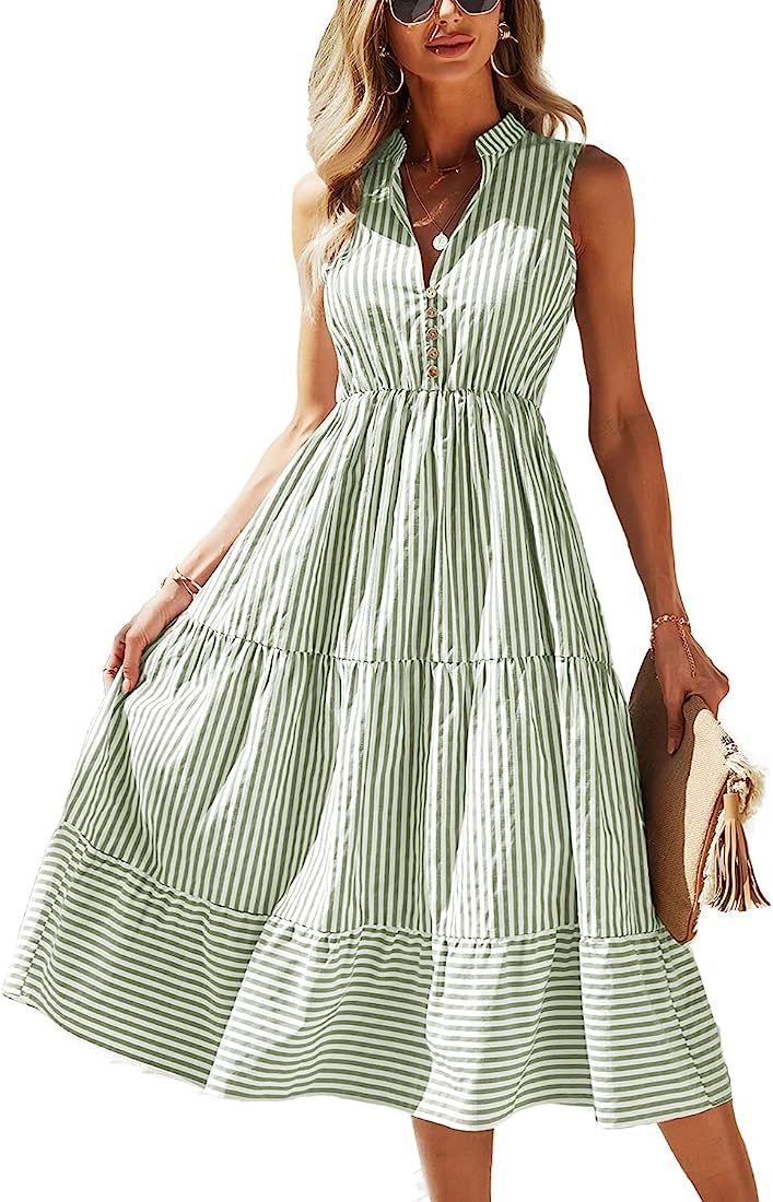 BROVAVE Womens Summer Sleeveless Collar Striped V Neck Flowy Casual Midi Dress | Amazon (US)