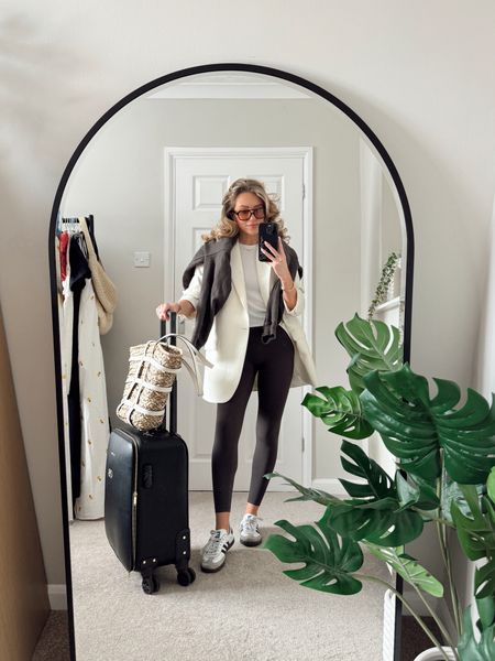 Travelling outfit, Katie Loxton suitcase, adidas samba og trainers, white blazer, adanola sweatshirt and black leggings, comfy outfit, Vehla sunglasses 

#LTKspring #LTKstyletip #LTKuk