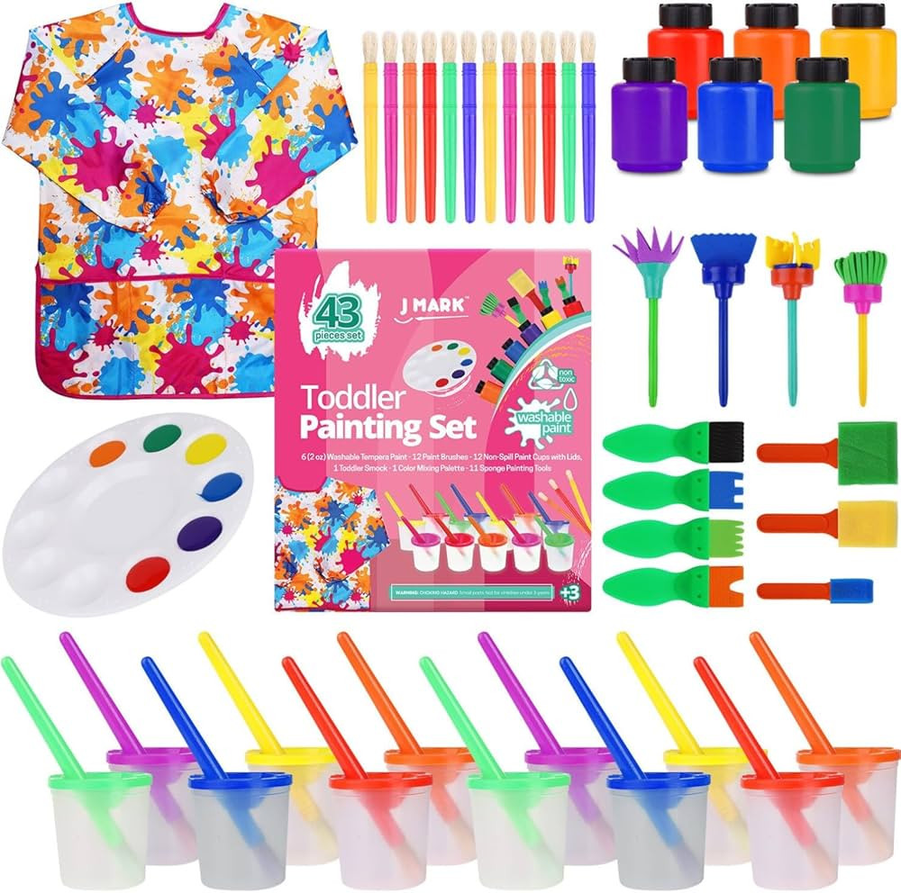 J MARK Toddler Painting Set – 43 Piece Complete Toddler Paint Set, Spill Proof Paint Cups, Wash... | Amazon (US)