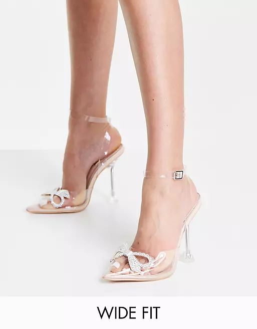 Be Mine Bridal Wide Fit Beauty heeled shoes with diamante bow in clear | ASOS | ASOS (Global)