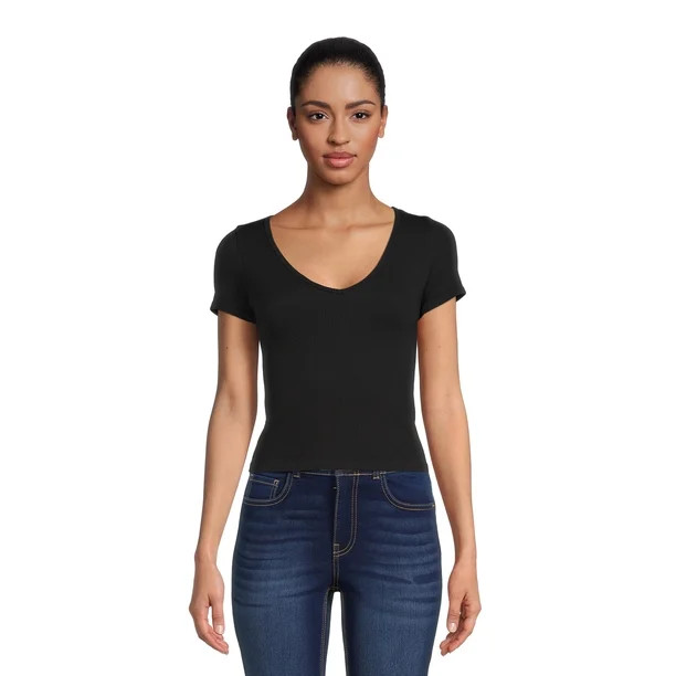 No Boundaries Juniors Seamless V-Neck T-Shirt | Walmart (US)