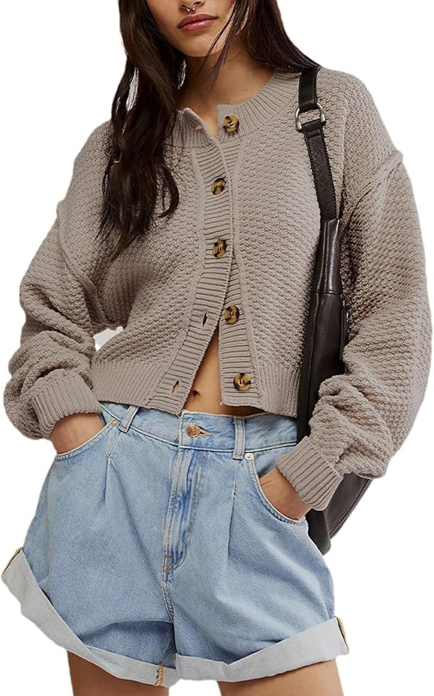 Women's Oversized Cropped Cardigan Sweater Open Front Long Sleeve Button Down Knit Outwear | Amazon (US)
