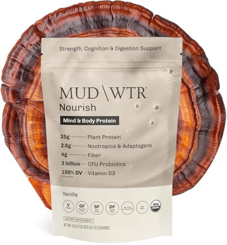 MUDWTR Nourish | Vanilla Mushroom Protein Powder | 2,000mg Adaptogenic Mushrooms | Vegan Protein Powder | USDA Organic | Focus, Mood & Digestion Support | Vanilla, Lion's Mane, Bacopa | 15 Servings | Amazon (US)