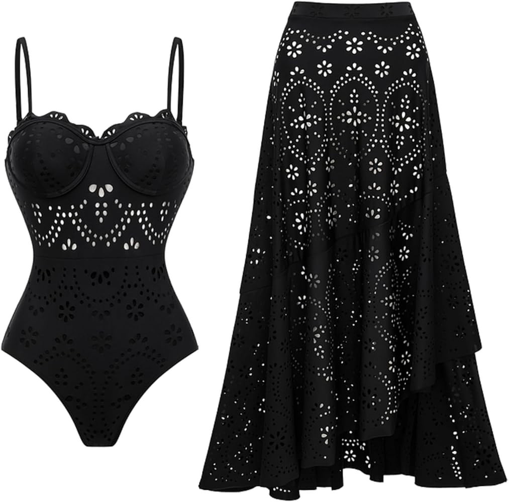 FLAXMAKER Black One Piece Adjustable/Removeble Strapes Hollow Push-up Swimsuit and Skirt | Amazon (US)