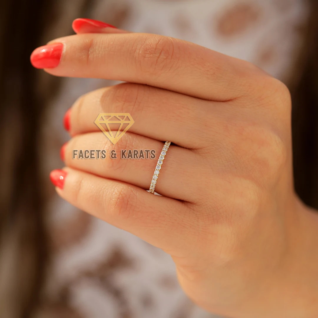 1.5mm Moissanite Wedding Band Ladies 14K Yellow Gold Half - Etsy | Etsy (US)