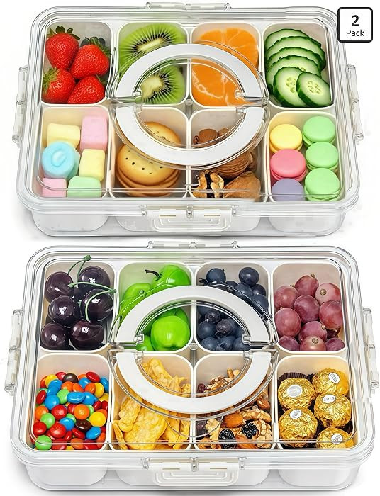 2-Pack Snackle Box Containers with Handles - Divided Serving Tray with Lids, 8 Compartments Charc... | Amazon (US)