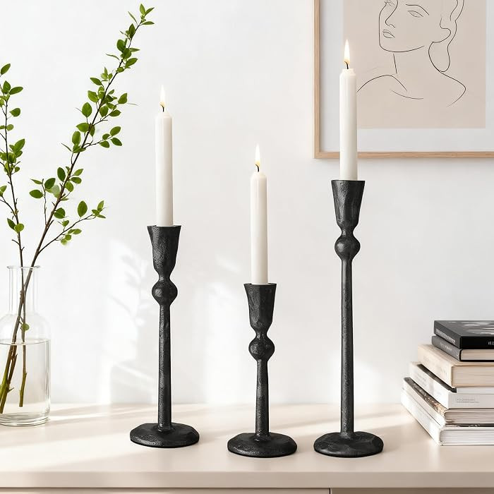 Set of 3 Antique Black Taper Candle Holders Cast Iron Candlestick Holder | Amazon (US)