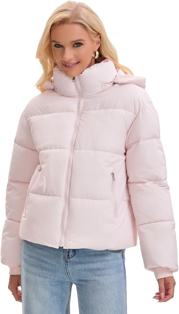 Women's Cropped Puffer Jackets,Warm Winter Jacket with Removable Hood,Zipped Pockets,Short Ladies... | Amazon (US)