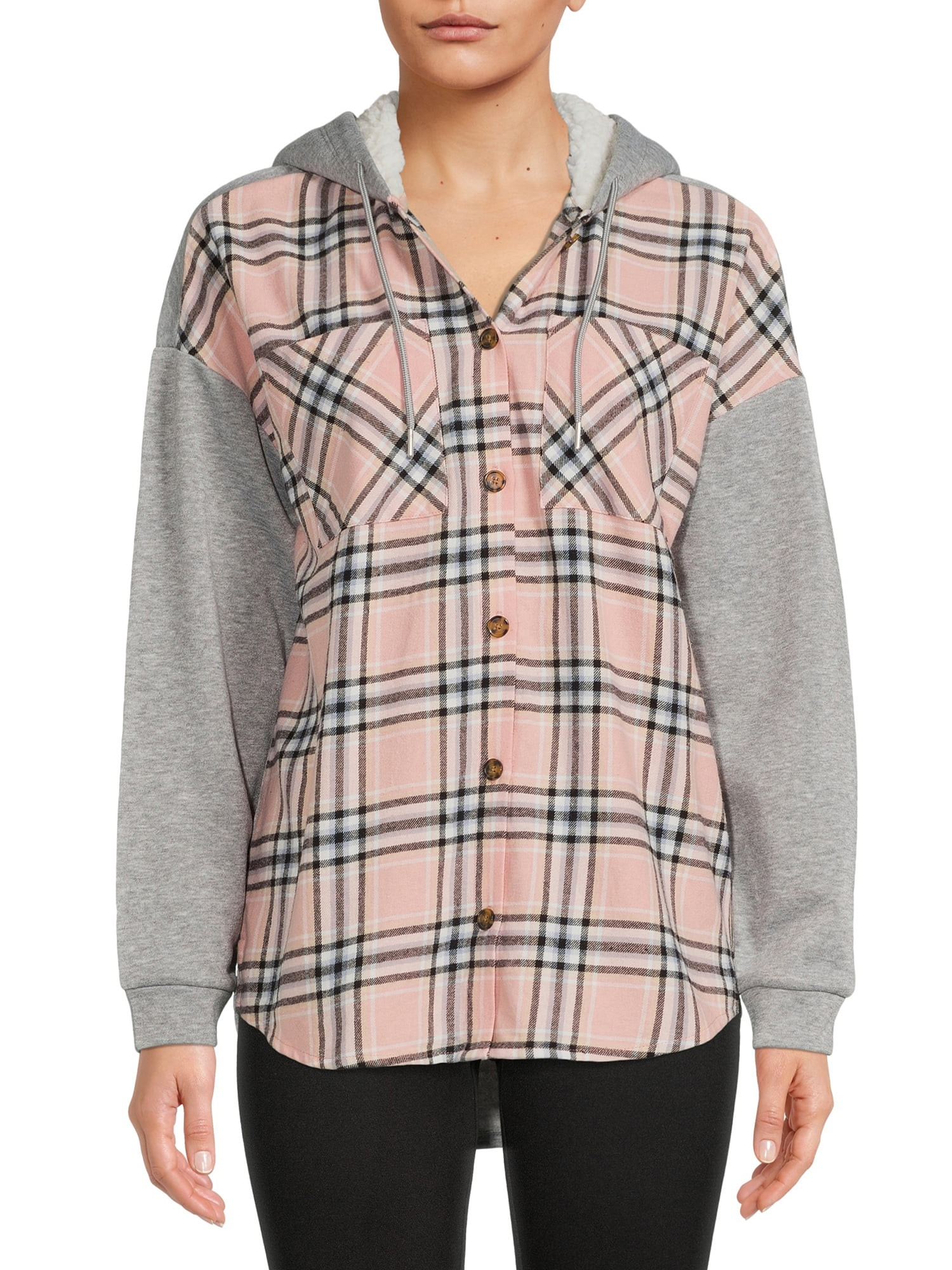 No Boundaries Juniors Fleece and Flannel Plaid Shirt with Hood - Walmart.com | Walmart (US)