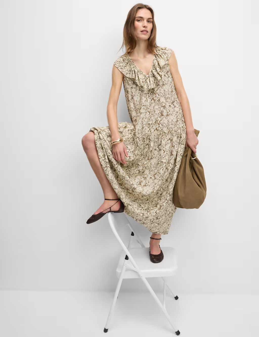 V-Neck Frill Detail Midaxi Relaxed Dress | Marks & Spencer (UK)