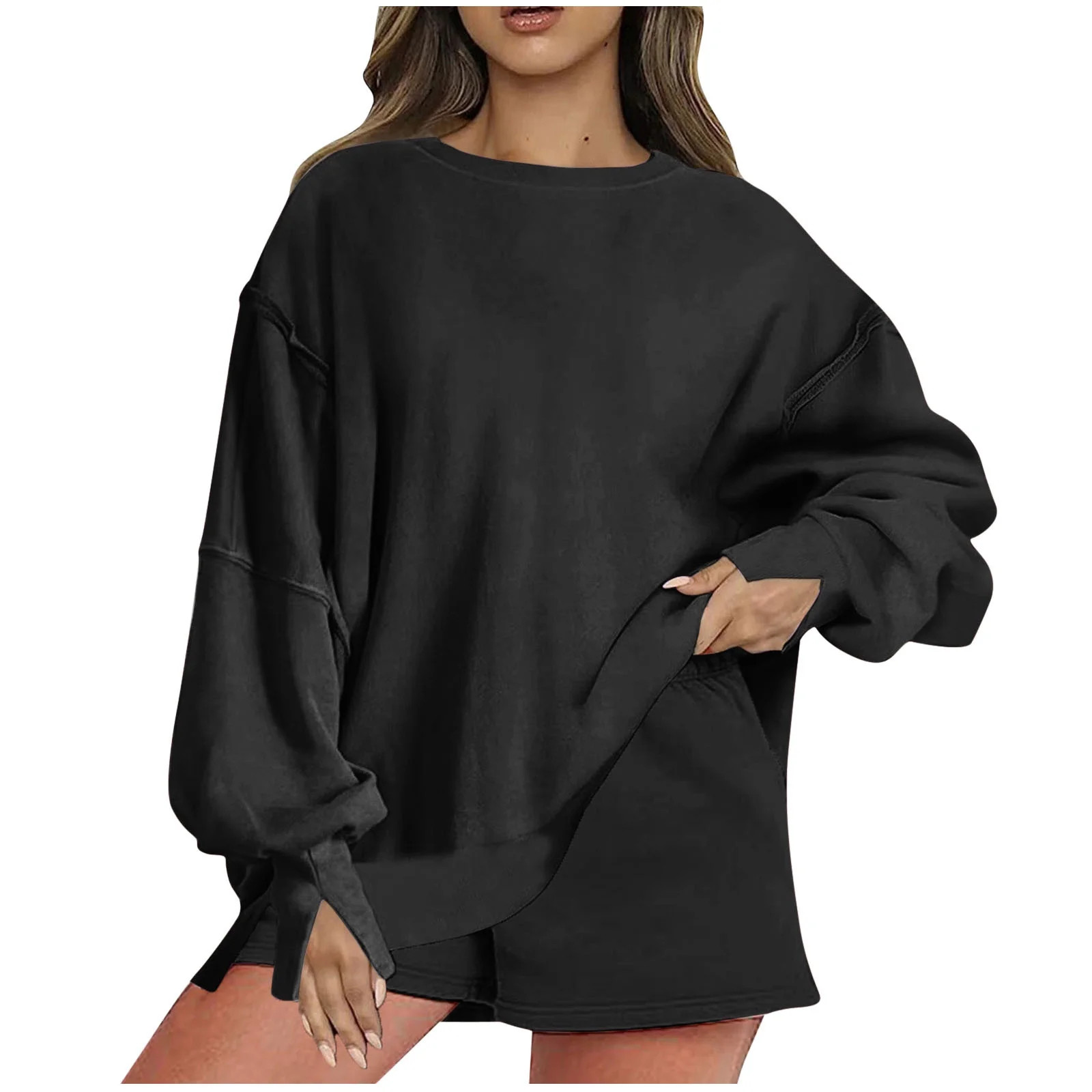 Womens Oversized Sweatshirt Shorts Sets 2 Piece Outfit Lounge Sweat Shorts Set with Pockets Split... | Walmart (US)