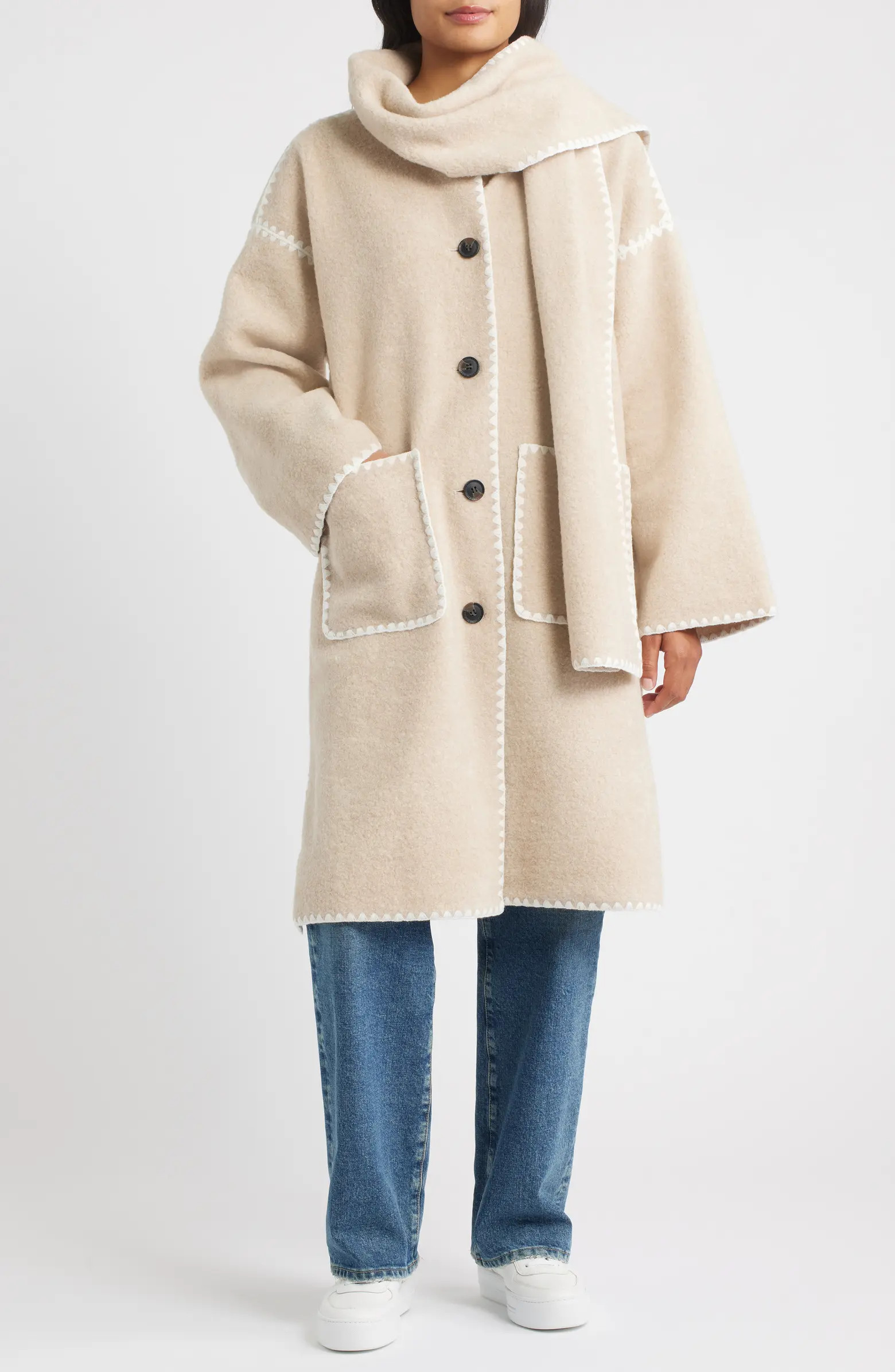 BCBG Embroidered Trim Long Scarf Coat | Nordstrom | Nordstrom