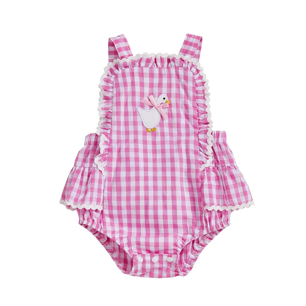 Newborn Baby Girl Silly Goose Outfit Sleeveless Plaid Goose Embroidery Ruffles Romper Summer Farm... | Amazon (US)