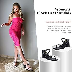 Athlefit Women's Square Open Toe Two Strap Heeled Sandals Slip On Block Chunky Heels Sandals | Amazon (US)
