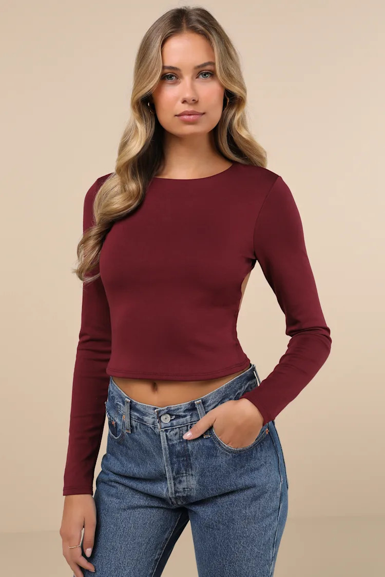 Daily Coolness Dark Plum Cutout Long Sleeve Crew Neck Top | Lulus