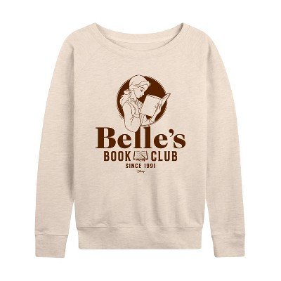 Women's Disney Belles Book Club Lightweight French Terry Wide Neck Long Sleeve Graphic Shirt - Birch - Large | Target
