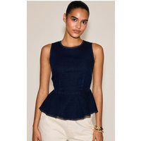 Indigo Boatneck Peplum Sleeveless Denim Top | PrettyLittleThing UK