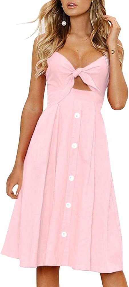 FANCYINN Womens Floral Prints Tie Front Button Down Spaghetti Strap Midi Dress | Amazon (US)