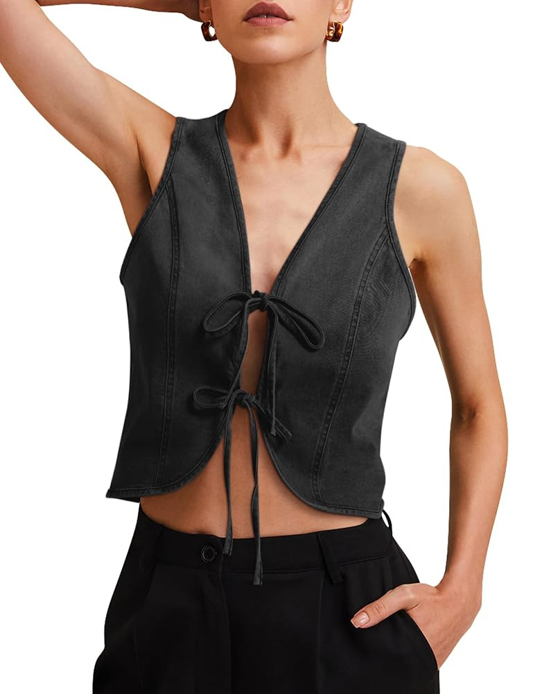 Womens Denim Vest Crop Sleeveless V Neck Denim Top Retro Tie Up Front Jean Vest | Amazon (US)