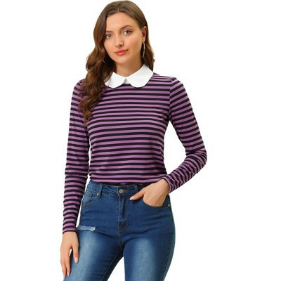 INSPIRE CHIC Women's Long Sleeves Contrast Peter Pan Collar Striped Blouse Top Medium Purple Black | Target